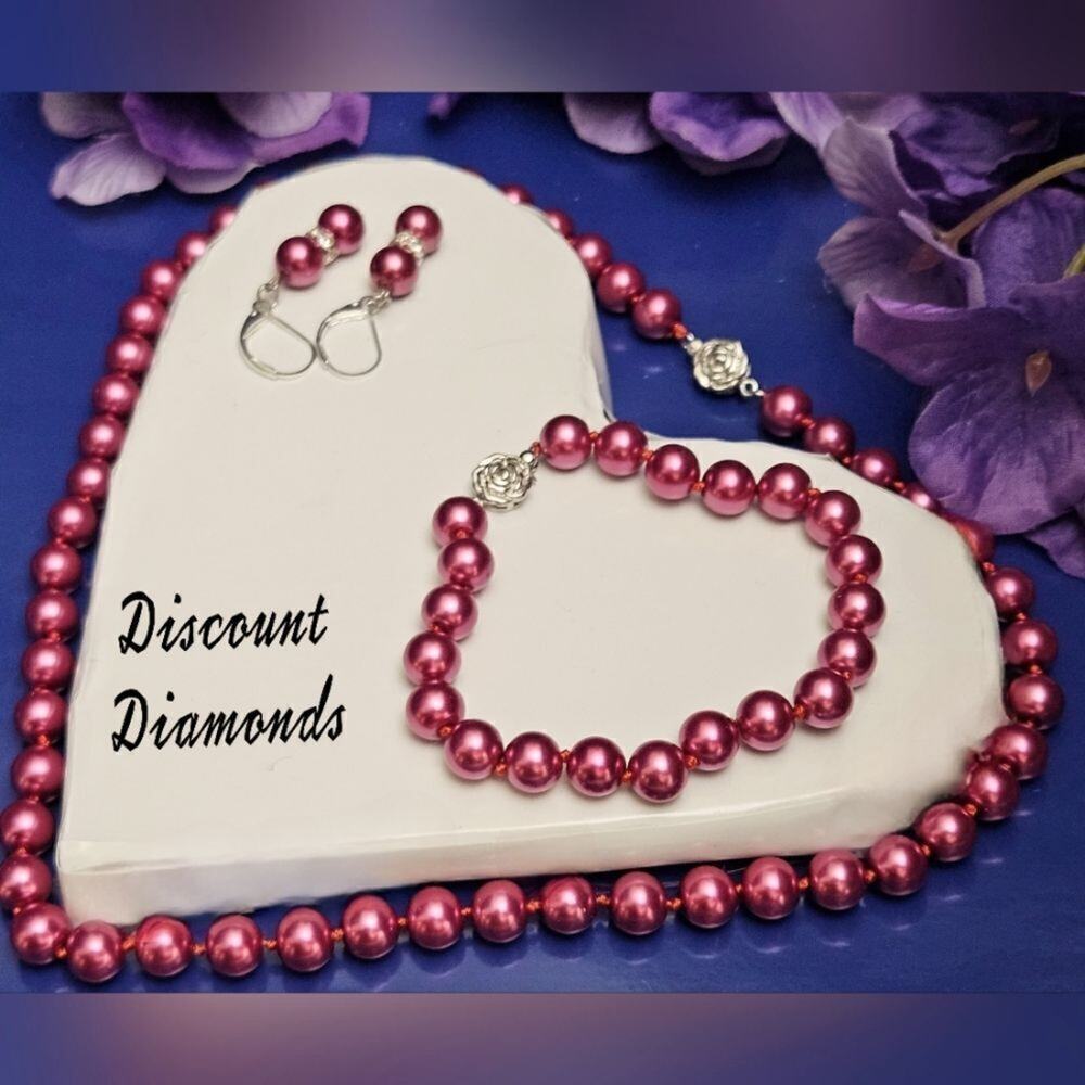 Red Rose 10mm South Sea Shell Pearls Necklace Bracelet & Earrings 925 Clasp